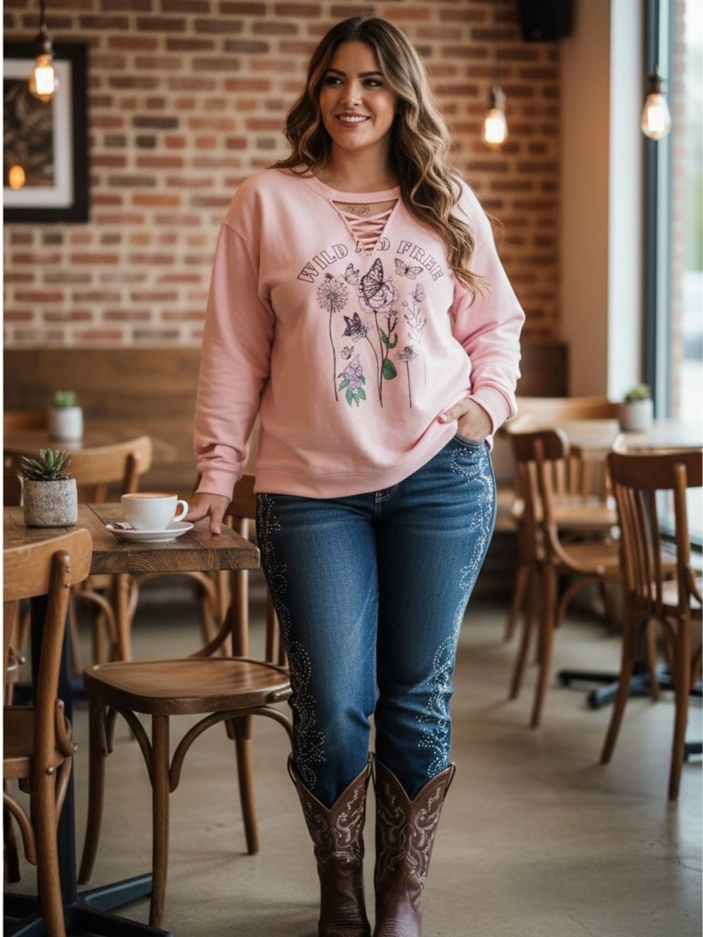 NWOT “Wild And Free” 1X Pink Butterfly Bee Floral Graphic Crew Sweatshirt Ladder